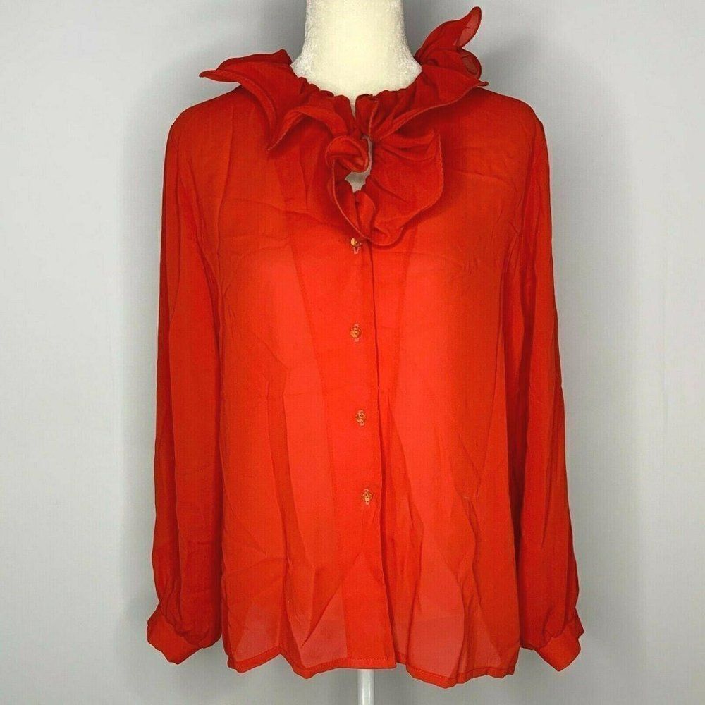 Vintage 80s Teddi Button Up Shirt L Red Ruffle - Picture 2 of 8